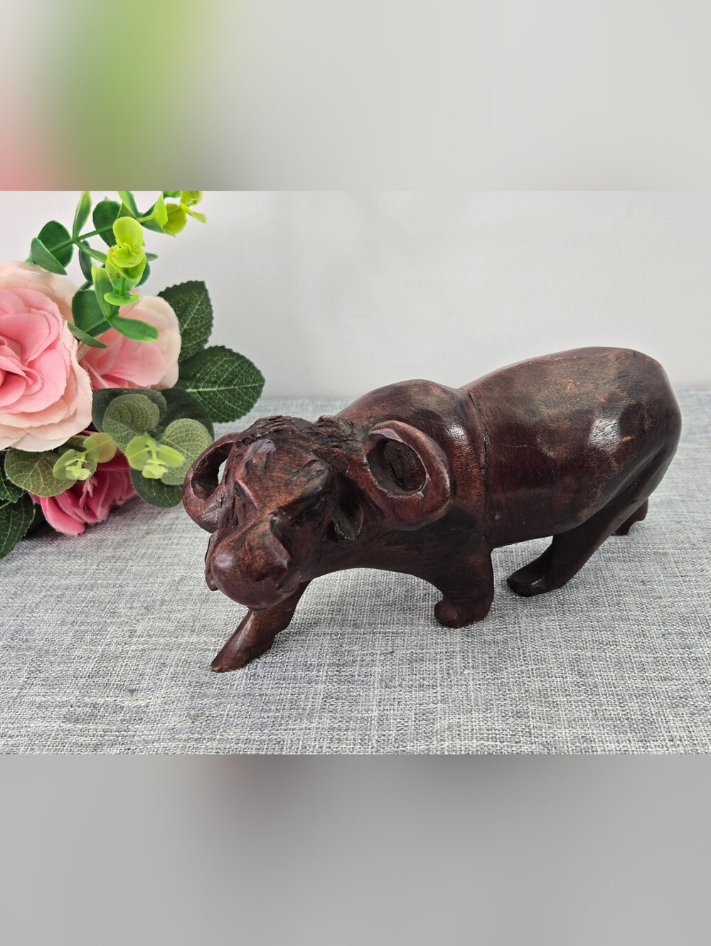 Vtg Hand Carved Dark Wood Water Buffalo Figurine 7.5" Solid Hardwood Folk Art